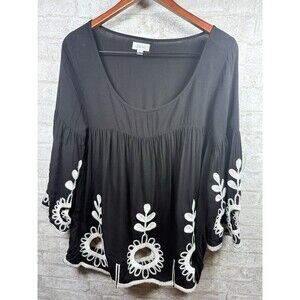 Lucca Black Boho Embroidered Peasant Top Eyelet Bell Sleeve Tunic L Summer Chic